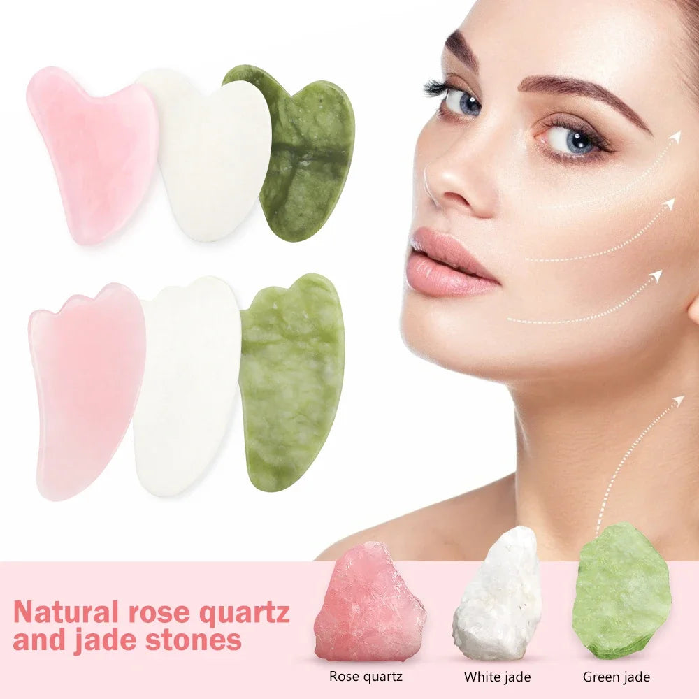 Face Massager Rose Quartz Gua Sha Scraper Natural Jade Stone, Skin Care Massager for Body, Facial, Neck, Back, Beauty, Health, Eye, SPA - Woman