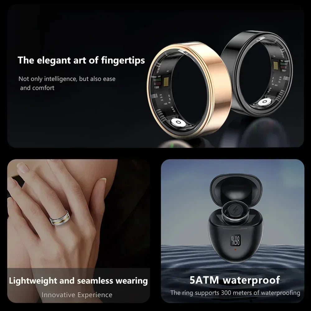 Smart Ring SR03 llNuyoah 2024 for Men Women; Heart Rate and Blood Oxygen Monitor, Bright Black Silver Smart Ring IP68 & 5ATM