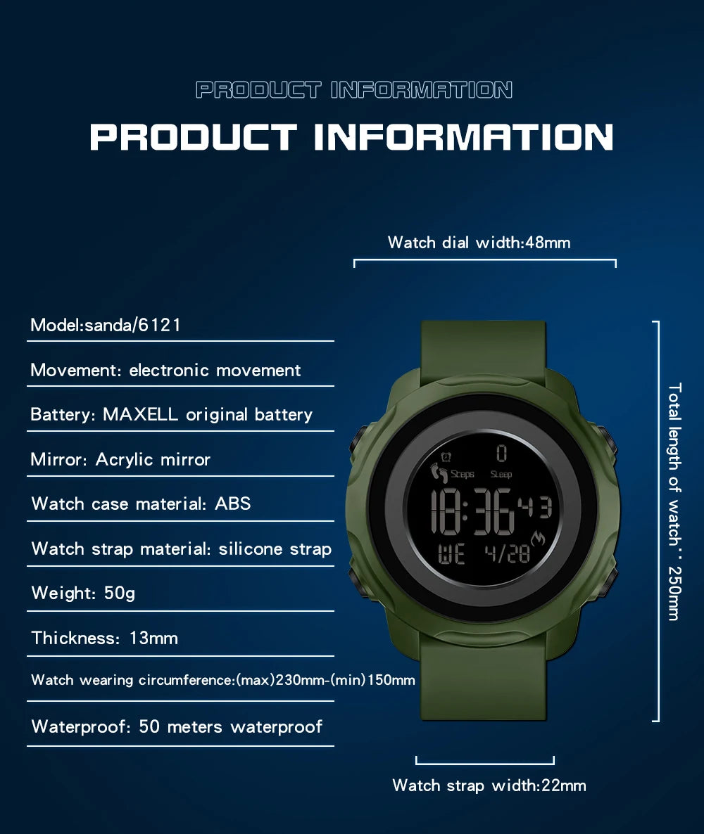 Smart Watch Sanda 6121, Step & Calories Count Fashion Alarm Clock for Men. Waterproof Shockproof Sleep Monitoring Wristwatch