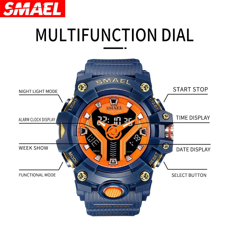 Smart Sport Watch Men / Male  SMAEL, Waterproof, LED, Digital with Stopwatch Function, Big Dial Wristwatch Clock Series 8075 Quartz Watches.